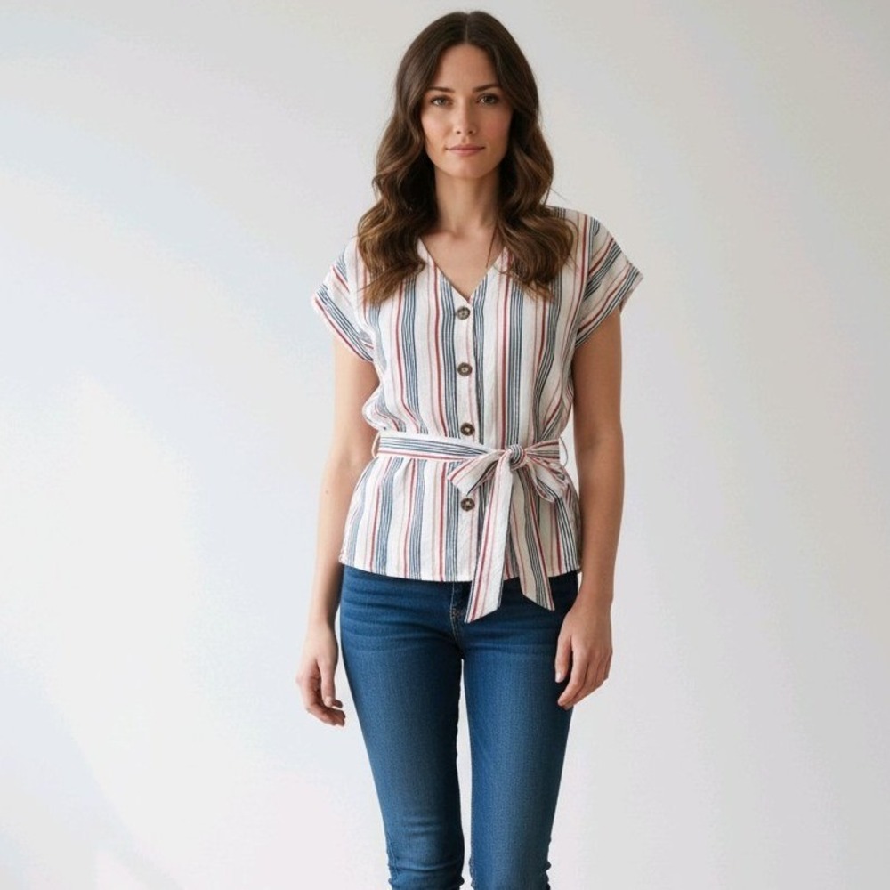 alice blue linen blend striped v-neck short sleeve tie‎ waist blouse top size M